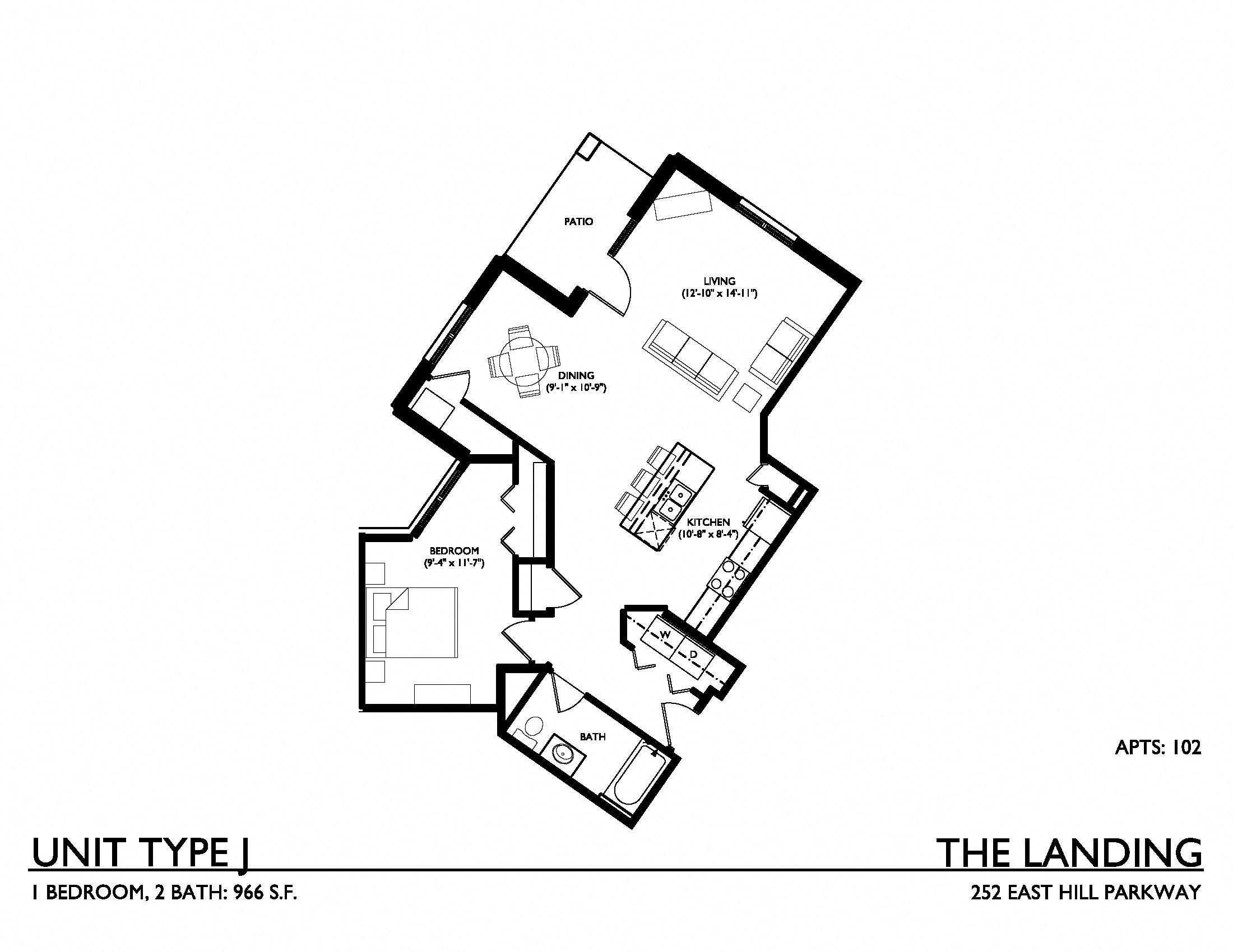 Floor plan for 1 bed, 1 bath, 966 sqft